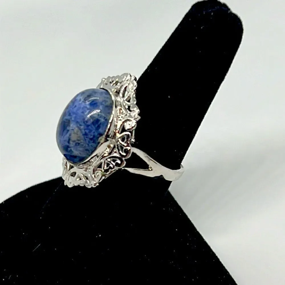 Beautiful Vintage Silver Ring With Blue Marbled Stone